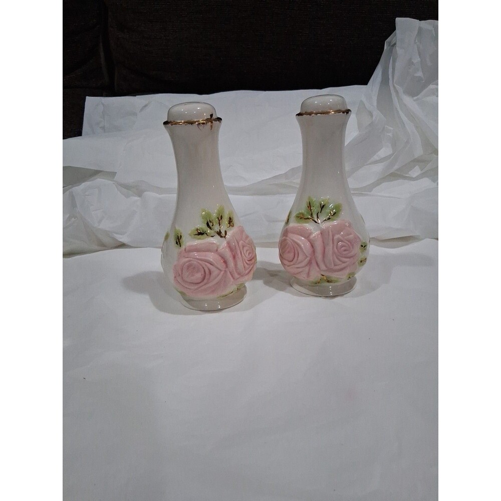 Vintage Salt Pepper Shakers White Ceramic Gold Trim Floral  6"